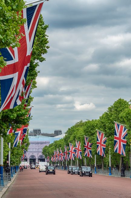 A wide street lined with tall trees on both sides, decorated with numerous Union Jack flags attached to poles along the pavement. The flags flutter gently in the breeze, creating a colorful and patrio